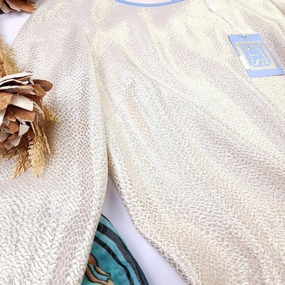 New Sail to Sable Silk Metallic Gold Blue Detailing Dress Sz 4 - Picture 6 of 14